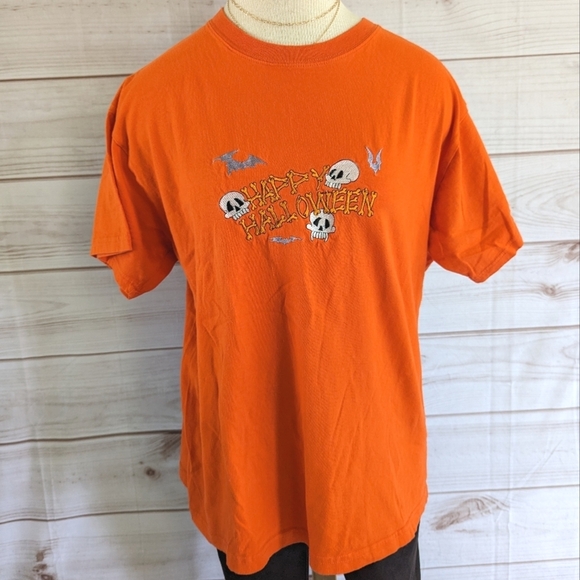 Vintage Embroidered Happy Halloween Cotton Tee in Orange and White Size XL - Picture 2 of 9